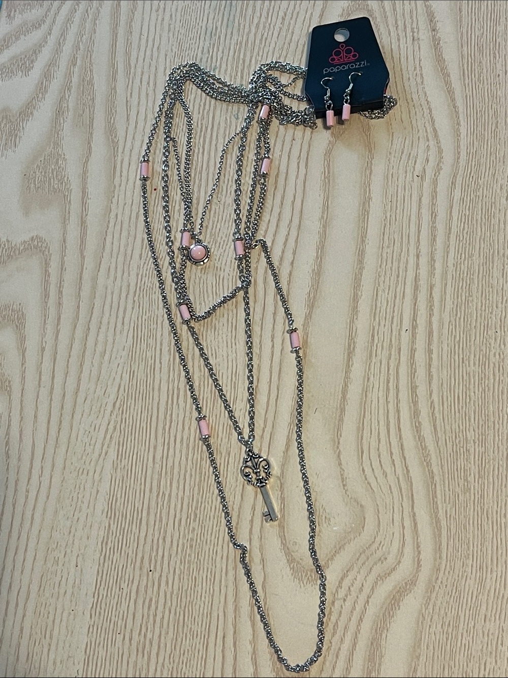 Paparazzi Pink and Silver Layered Key Necklace Set